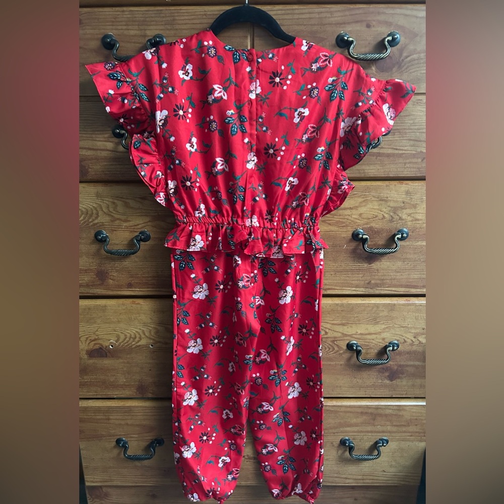 NWT Janie and Jack Girls Vibrant Red Floral Romper Size 7 - Picture 2 of 6